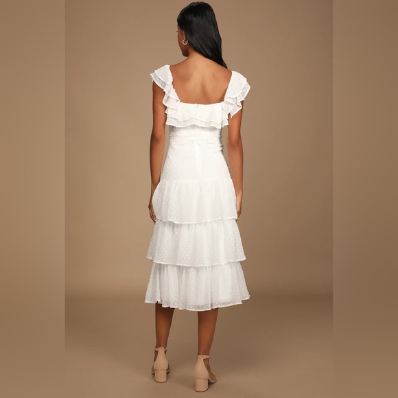 Lulus Dear to My Heart Swiss Dot Tiered Ruffled White Cream Midi Dress Small - Picture 3 of 9